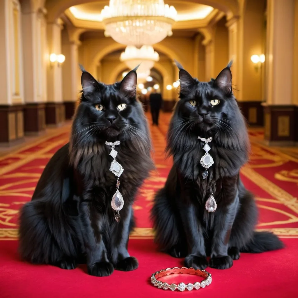 Prompt: Two black Maine coons wearing jewelry in Monte Carlo casino 