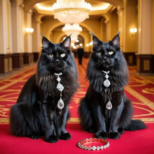 Prompt: Two black Maine coons wearing jewelry in Monte Carlo casino 