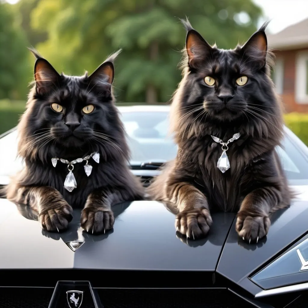 Prompt: Two black Maine coons wearing diamonds in a Lamborghini 