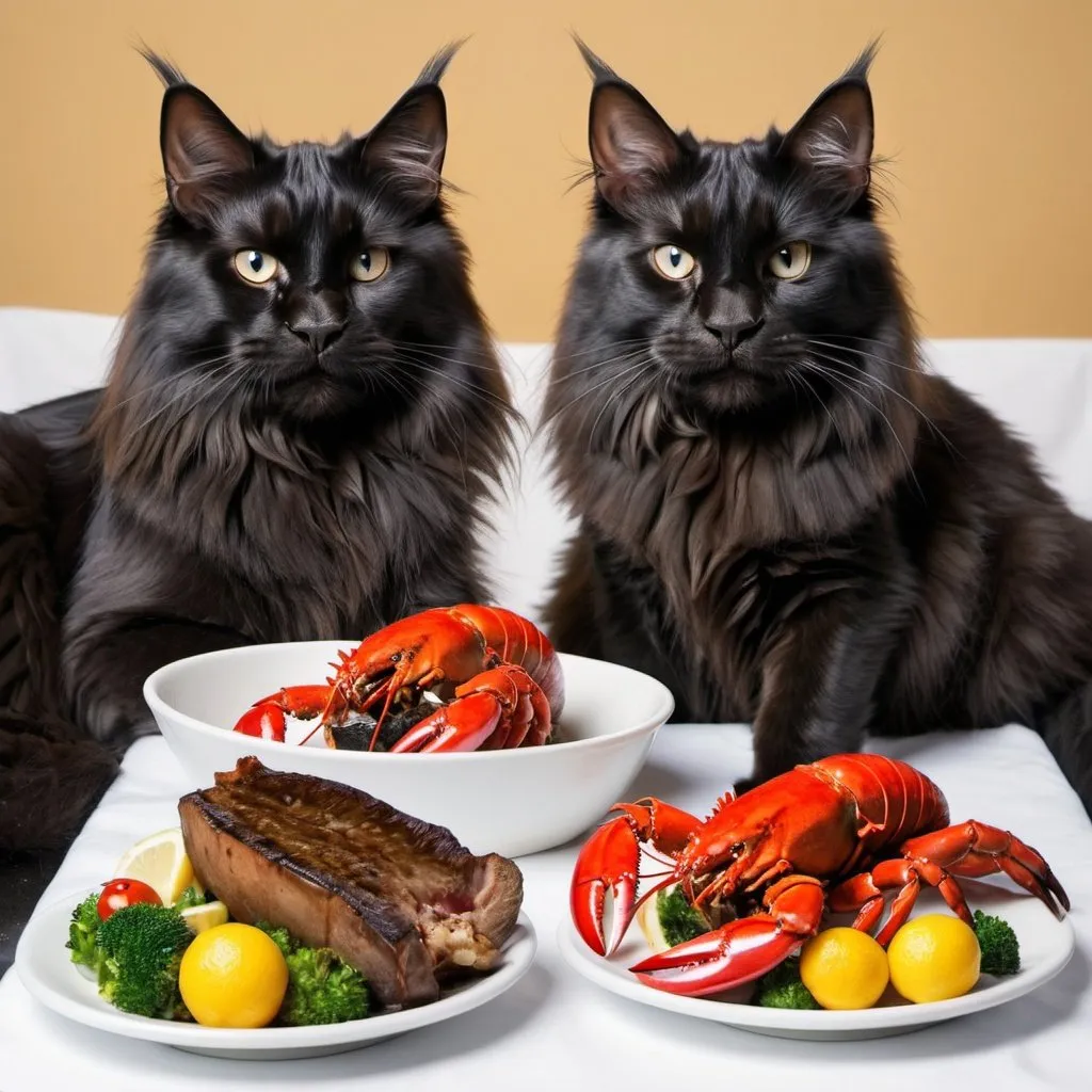 Prompt: Two black Maine coons having lobster and steak 