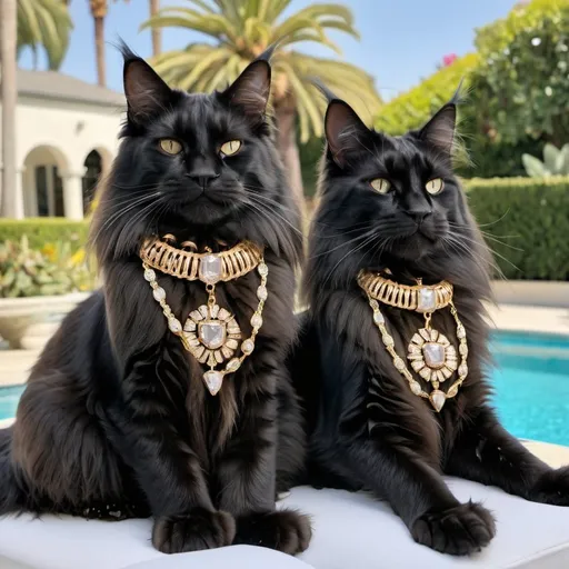 Prompt: Two black Maine coons wearing jewelry lounging by the pool in Beverly hills 