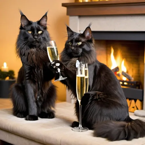 Prompt: Two black Maine coons having champagne by a fireplace 