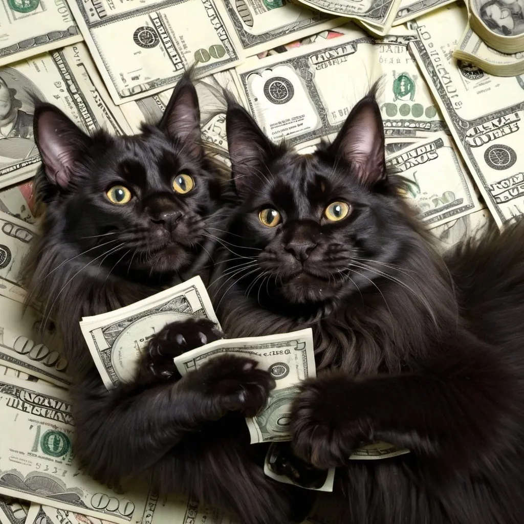 Prompt: Two black Maine coons rolling in cash