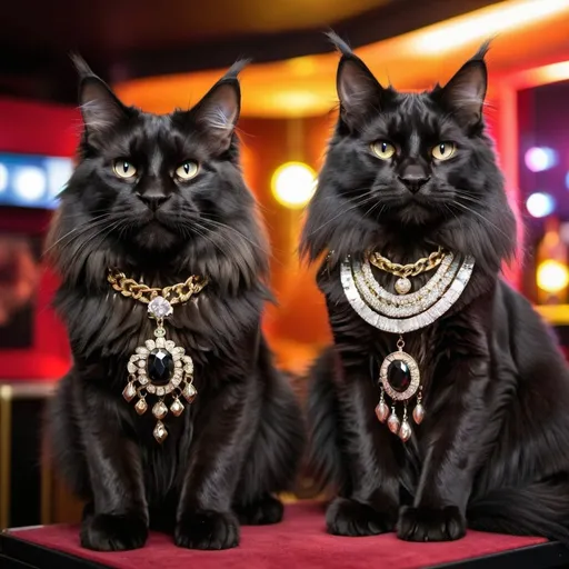 Prompt: Two black Maine coons wearing jewelry chilling at a nightclub 