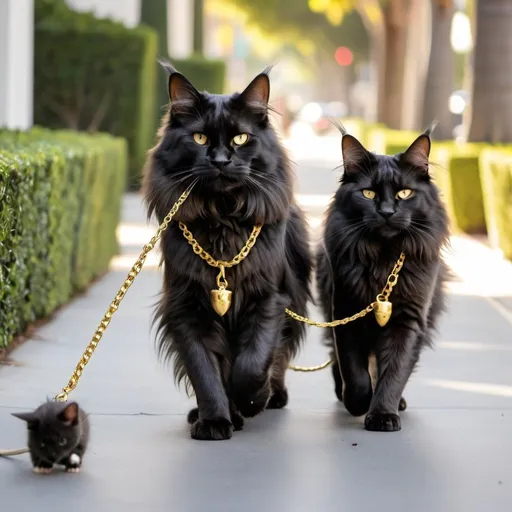 Prompt: Two black Maine coons walking their pet mice on a golden leash through Beverly hills 