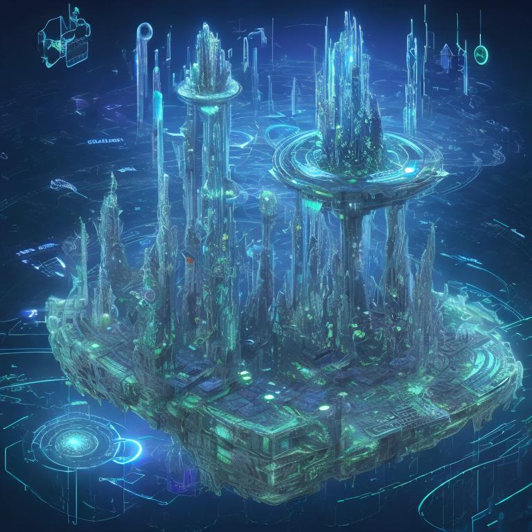 Prompt: Cyberia, the floating city, defied the laws of gravity and physics. It existed within the realms of cyberspace, suspended between the real and the virtual. Navigating its ever-shifting landscape required not a map, but an understanding of data streams, encryption keys, and augmented reality interfaces.