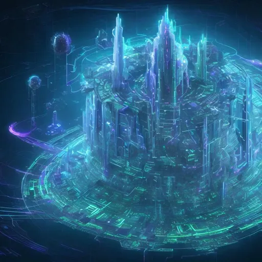 Prompt: Cyberia, the floating city, defied the laws of gravity and physics. It existed within the realms of cyberspace, suspended between the real and the virtual. Navigating its ever-shifting landscape required not a map, but an understanding of data streams, encryption keys, and augmented reality interfaces.