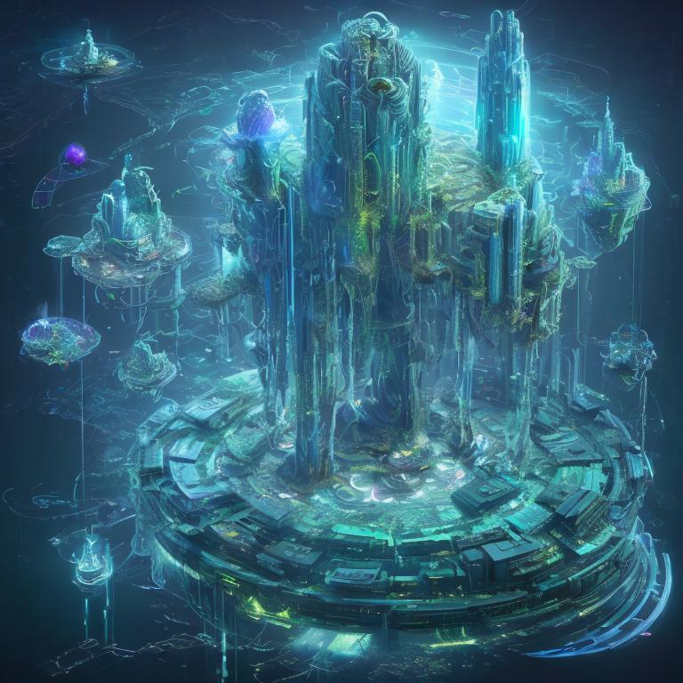 Prompt: Cyberia, the floating city, defied the laws of gravity and physics. It existed within the realms of cyberspace, suspended between the real and the virtual. Navigating its ever-shifting landscape required not a map, but an understanding of data streams, encryption keys, and augmented reality interfaces.