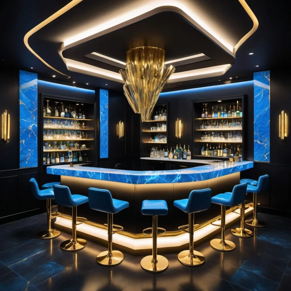 Prompt: Imagine a Chill Social Lounge 

Walls and Ambiance:

The walls are a deep, glossy black with embedded panels that emit a soft, pulsating blue light.
The lighting is a mix of cool white and warm gold, creating a dynamic contrast that highlights various design elements.
Bar Area:

The bar itself is a striking piece of modern art, crafted from a blend of white marble with gold veining and black steel accents.
Behind the bar, shelves display a range of glowing bottles, illuminated in blue and gold light, giving them an otherworldly appearance.
The counter is backlit with blue LEDs, adding a cool glow to the space.
Seating and Tables:

Seating consists of sleek, black leather chairs with gold piping and blue LED accents embedded into the backrests.
Tables are white with gold and black geometric patterns, surrounded by plush chairs that echo the color scheme.
Flooring and Decor:

The floor is a polished black surface with embedded blue and gold light strips that create a mesmerizing effect as you walk.
Futuristic art pieces and holographic displays are scattered around, projecting abstract images and colors that shift from blue to gold.
Overall Atmosphere:

The entire lounge is bathed in a sophisticated blue and gold glow, creating an atmosphere that's both luxurious and cutting-edge.
The space is designed to feel both inviting and awe-inspiring, blending high-tech elements with a sense of opulence.
This setting would be a perfect blend of modern sophistication and futuristic innovation!