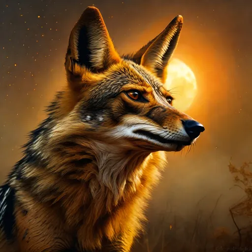 Prompt: epic {black backed jackal} howling at {golden moon}, billowing wild fur, haunting orange eyes, 64k, realistic, photograph, spooky, haunting, foggy, studio lighting, highly detailed, intricately detailed, hyper realism, cinematic, highly detailed background, finely detailed fur, finely detailed oil painting, masterpiece