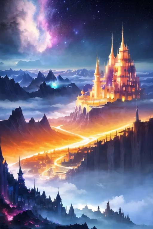 Prompt: professional landscape of an {enormous fantasy celestial palace} atop a mountain, above the clouds, golden skies, 64k, highly detailed, sharp focus, vibrant colors, bright enchanted fairytale garden, vivid colors, vast starry sky, UHD, vivid colors, guarded by {fierce glowing white wolves with red eyes}, highly detailed background