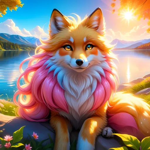 Prompt: beautiful young golden fox prodigy with (white-gold fur) and glowing {ruby pink eyes}, {sky blue paws and ears, curly blue hair}, feral, epic anime portrait, close up, sunny colors, brilliant sunrise, beautiful 8k eyes, light fluffy clouds, lush verdant greenery, close up, fine oil painting, low angle view, soft HD fur, (unsheathed claws), visible claws, 64k, hyper detailed, expressive, energetic, vibrant, fluffy mane, petite, deep blue sky, colorful stones, glistening golden fur, bashful rosy cheeks, sprawled at a lake shore, golden ratio, precise, perfect proportions, vibrant colors, vivid colors, lying by a sun-bathed lake, hyper detailed, complementary colors, UHD, HDR, top quality artwork, beautiful detailed background, unreal 5, artstaion, deviantart, instagram, professional, masterpiece