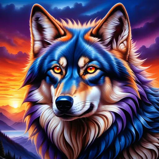 Prompt: (best quality:1.5), (high quality:1.5), (masterpiece:1.5), detailed oil portrait of a stunning beautiful blue wolf king with {cobalt blue fur} and {sunset orange eyes}, huge beautiful sparkling eyes nine-tailed wolf, nine fluffy silver tails, blue nose, feral, kitsune tails, quadruped, alpha male, gorgeous anime portrait, intense cartoon, beautiful 8k eyes, kitsune, close up, up close, incredibly detailed fur, highly detailed face, water element, detailed fine fur, fine oil painting, stunning, fierce, majestic, intimidating, gorgeous, gazing at viewer, beaming eyes, lake shore sunrise, perfect reflection, shimmering, professional shading, sharply focused red clouds, Anne Stokes, highly detailed jagged mountain vista, brilliant sunrise on purple sky, (horizontal background), 64k, hyper detailed, expressive, beautiful, thick silky mane, golden ratio, symmetric, accurate anatomy, precise, perfect proportions, vibrant, standing majestically on a mountain, hyper detailed, complementary colors, UHD, HDR, top quality artwork, beautiful detailed background, unreal 5, artstaion, deviantart, instagram, professional