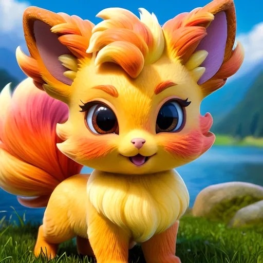 Prompt: insanely beautiful Vulpix, hyper detailed, 8k, furry and fluffy, fiery colors, vibrant colors, detailed face, blush, rosy cheeks, cute, smiling, realistic fur, close up, dreamy, timid, shy, masterpiece, detailed color pencil, cartoon, Anne Stokes, Erin Hunter, Chris Aki, epic fantasy art, beautiful 8k eyes, golden ratio, complementary colors, anime portrait, beautiful detailed fantasy lakeside, brilliant sunrise