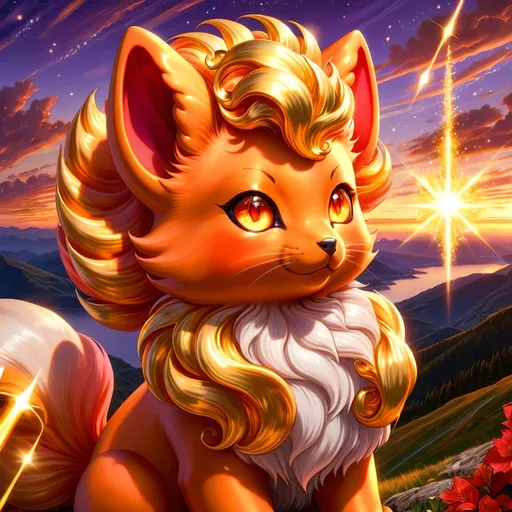 Prompt: (best quality:1.5), (high quality:1.5), (masterpiece:1.5), stunning beautiful 2D anime portrait of (Vulpix) with (gleaming bright gold fur:2) and (sparkling caramel brown eyes:2), close up, dazzling eyes, crystalline glassy dazzling white fur, glassy dazzling tails, sparkling fur highlights, huge beautiful sparkling eyes, many tails, surreal, incredibly detailed fur highlights, multiple tails, Pokemon anime, incredibly detailed Vulpix face, six distinct lush gold tails, fire element, fiery maw, Vulpix tails, beautiful defined detailed paws, gorgeous anime portrait, magic fur highlights, visible tails, beautiful tails, extremely smooth fur texture, beautiful 8k eyes, kitsune, layers of incredibly detailed mountains, wild, nature, close up with sparkling eyes in sharp focus, magical, ethereal, enchanted, highly detailed face, fine anime painting, fire element, stunning, cute, majestic, {coils of long curly silky hair on forehead}, raised tails, gorgeous, gazing at viewer, {long silky tails}, beaming eyes, curious eyes, lake shore sunrise, perfect reflection, shimmering, beautifully defined legs, beautiful detailed defined shading, french curves, professional shading, sharply focused red clouds, highly detailed jagged mountain vista, brilliant sunrise on purple sky, (horizontal background), 64k, hyper detailed, expressive, beautiful, golden ratio, symmetric, accurate anatomy, precise, perfect proportions, vibrant, standing majestically on a mountain, hyper detailed, complementary colors, UHD, HDR, top quality artwork, beautiful detailed background, unreal 5, artstaion, deviantart, instagram, professional, 16k