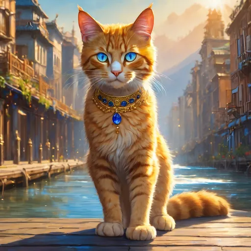 Prompt: warrior cat with pearl-gold fur and sapphire blue eyes, young male cat, epic anime portrait, beautiful 8k eyes, fine oil painting, intense, lunging at viewer, worms eye view, (unsheathed claws), wears a bracelet, 64k, hyper detailed, expressive, intense, aggressive, intelligent, lithe, covered in scratches and scars, golden ratio, precise, perfect proportions, vibrant, prowling by a sun-bathed river, hyper detailed, complementary colors, UHD, HDR, top quality artwork, beautiful detailed background, unreal 5, artstaion, deviantart, instagram, professional, masterpiece