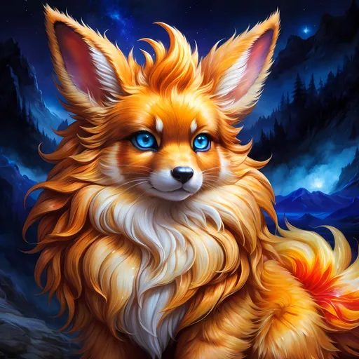 Prompt: Bronze {Flareon}, {copper fur}, gleaming intense (deep sapphire blue eyes:1.5), flame, fire element, fiery colors, feral, frost, detailed artwork, beautiful oil painting, 64k, detailed background, snowy lake, deep starry sky, lush cliffside, brilliant golden sunrise, big golden ears, beautiful dark muzzle, big beautiful 8k eyes, brave, fluffy, plump, vivid colors, thick fluffy fur, glowing fiery aura, thick billowing mane, bright fluffy cheeks, intricately detailed fur, beautiful detailed eyes, by Anne Stokes, golden ratio, perfect proportions, vibrant, hyper detailed, complementary colors, UHD, ultra detailed, beautiful detailed background