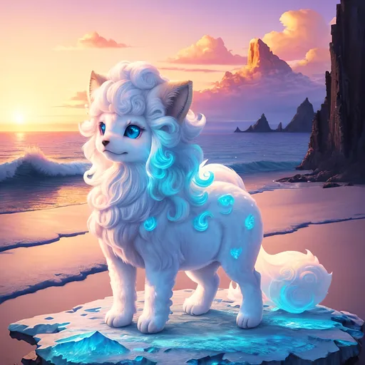 Prompt: alolan vulpix, ice element, detailed artwork, portrait, masterpiece, 8k, detailed cliffside background, stunning sunset, golden ratio, complementary colors