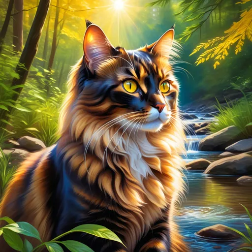 Prompt: warrior cat with {dark tortoiseshell fur} and bright {yellow eyes}, small young beautiful she-cat, epic anime portrait, beautiful 8k eyes, fine oil painting, serene, gazing at viewer, wearing shiny bracelet, lush fantasy forest, surrounded by herbs, 64k, hyper detailed, expressive, intelligent, small, smooth silky fur, thick silky mane, glistening golden fur, golden ratio, precise, perfect proportions, vibrant, sitting by a sun-bathed river, hyper detailed, dynamic, complementary colors, UHD, HDR, top quality artwork, beautiful detailed background, unreal 5, artstaion, deviantart, instagram, professional, masterpiece