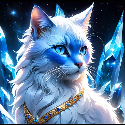 Prompt: warrior cat with {russian blue fur} and {crystal blue eyes}, senior she-cat, ice element, frost, Erin Hunter, gorgeous anime portrait, beautiful cartoon, 2d cartoon, beautiful 8k eyes, elegant {blue fur}, pronounced scar on chest, fine oil painting, modest, gazing at viewer, beaming blue eyes, glistening blue fur, low angle view, zoomed out view of character, 64k, hyper detailed, expressive, timid, graceful, beautiful, expansive silky mane, deep starry sky, golden ratio, precise, perfect proportions, vibrant, standing majestically on a tall crystal stone, hyper detailed, complementary colors, UHD, HDR, top quality artwork, beautiful detailed background, unreal 5, artstaion, deviantart, instagram, professional, masterpiece
