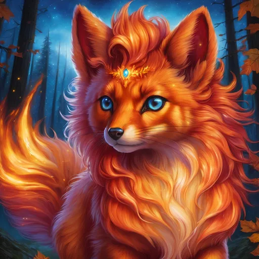 Prompt: {Vulpix}, gleaming hypnotic {garnet brown eyes}, flame, fire element, feral, frost, detailed artwork, beautiful oil painting, 64k, detailed background, aspen leaves, deep starry sky, lush cliffside, brilliant sunrise sky, big golden ears, big beautiful 8k eyes, mischievous, vivid colors, thick fluffy fur, glowing fiery aura, fire princess, bashful rosy cheeks, timid, bright rosy cheeks, thick billowing mane, intricately detailed fur, beautiful detailed eyes, , by Anne Stokes, golden ratio, perfect proportions, vibrant, hyper detailed, complementary colors, UHD, beautiful detailed background