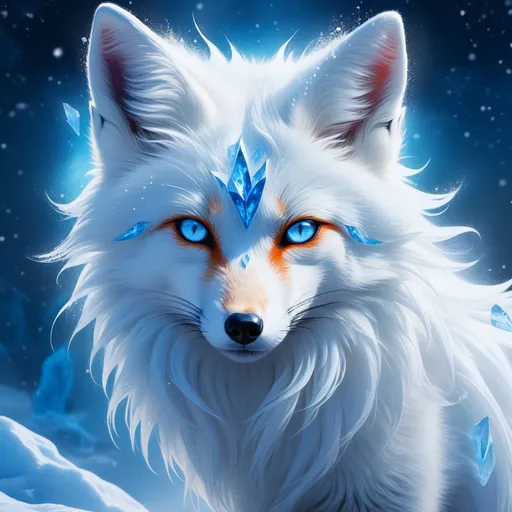 Prompt: ice elemental fox, feral fox, kyubi no kitsune, nine-tailed fox, cool blue fur, dark blue eyes, soft moonlight, silver muzzle, elder vixen, (plump), gazing at viewer, insanely beautiful, stunning, gorgeous, enchanting, beautiful 8k eyes, confident, falling snow, shattered ice, frosted blue fur, vivid, vibrantm UHD, HDR, three-quarter portrait, detailed watercolor style on soft paper, sharp focus, masterpiece, cool colors, artstation, instagram, trending, 64k