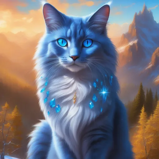 Prompt: warrior cat with {russian blue fur} and {crystal blue eyes}, ice element, frost, senior she-cat, Erin Hunter, gorgeous anime portrait, beautiful cartoon, 2d cartoon, beautiful 8k eyes, elegant {blue fur}, pronounced scar on chest, fine oil painting, modest, gazing at viewer, beaming blue eyes, glistening blue fur, low angle view, zoomed out view of character, 64k, hyper detailed, expressive, timid, graceful, beautiful, expansive silky mane, golden ratio, precise, perfect proportions, vibrant, standing majestically on a tall crystal stone, deep starry sky, hyper detailed, complementary colors, UHD, HDR, top quality artwork, beautiful detailed background, unreal 5, artstaion, deviantart, instagram, professional, masterpiece