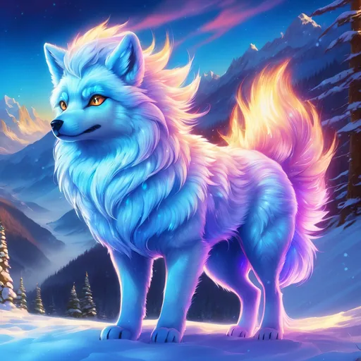 Prompt: {Alolan Vulpix}, growling, Alaskan wolf, ice element, detailed artwork, hyper detailed, 64k, detailed background, beautiful auroras, lush cliffside, snowy mountain peaks, brilliant night sky, gleaming hypnotic {purple eyes}, mischievous, vivid colors, glowing ice aura, thick billowing mane, intense anime portrait, intricately detailed fur, ice blue fur highlights, ice storm, ice halo, beautiful detailed eyes, golden ratio, precise, perfect proportions, vibrant, hyper detailed, complementary colors, UHD, HDR, beautiful detailed background, unreal 5, artstaion, deviantart