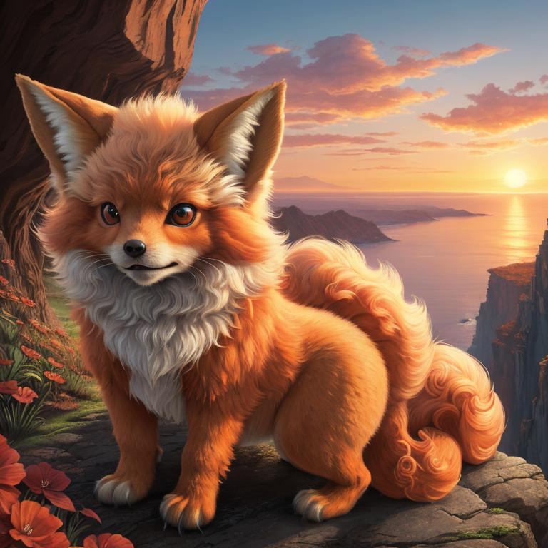 Prompt: vulpix, growling, detailed artwork, portrait, masterpiece, 8k, detailed cliffside background, stunning sunset