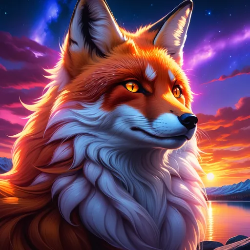 Prompt: portrait of a beautiful young crimson fox prodigy with (glistening crimson fur) and glowing {hazel eyes}, fine oil painting, feral, beautiful vixen kitsune, epic anime portrait, close up, gazing at viewer, fiery colors, brilliant sunrise, beautiful 8k eyes, deep starry sky, cosmic auroras, epic fantasy landscape, frost, close up, intense, low angle view, soft HD fur, 64k, hyper detailed, symmetric, highly detailed face, expressive, intense, elegant, graceful, silky extravagant mane, black fur lighlights, deep purple sky, colorful stones, glistening scarlet fur, sprawled at a lake shore, golden ratio, precise, perfect proportions, vibrant, lying by a sun-bathed lake, hyper detailed, complementary colors, UHD, HDR, top quality artwork, beautiful detailed background, unreal 5, artstaion, deviantart, instagram, professional, masterpiece