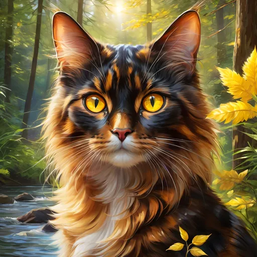 Prompt: warrior cat with {dark tortoiseshell fur} and bright {yellow eyes}, small young beautiful she-cat, epic anime portrait, beautiful 8k eyes, fine oil painting, serene, gazing at viewer, wearing shiny bracelet, lush fantasy forest, surrounded by herbs, 64k, hyper detailed, expressive, intelligent, small, smooth silky fur, thick silky mane, glistening golden fur, golden ratio, precise, perfect proportions, vibrant, sitting by a sun-bathed river, hyper detailed, dynamic, complementary colors, UHD, HDR, top quality artwork, beautiful detailed background, unreal 5, artstaion, deviantart, instagram, professional, masterpiece