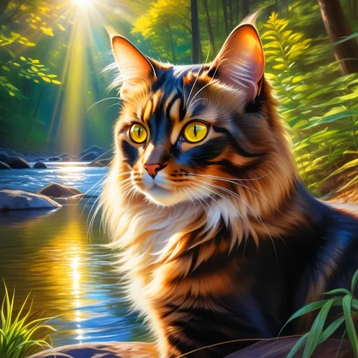 Prompt: warrior cat with {dark tortoiseshell fur} and bright {yellow eyes}, small young beautiful she-cat, epic anime portrait, beautiful 8k eyes, fine oil painting, serene, gazing at viewer, wearing shiny bracelet, lush fantasy forest, surrounded by herbs, 64k, hyper detailed, expressive, intelligent, small, smooth silky fur, thick silky mane, glistening golden fur, golden ratio, precise, perfect proportions, vibrant, sitting by a sun-bathed river, hyper detailed, dynamic, complementary colors, UHD, HDR, top quality artwork, beautiful detailed background, unreal 5, artstaion, deviantart, instagram, professional, masterpiece