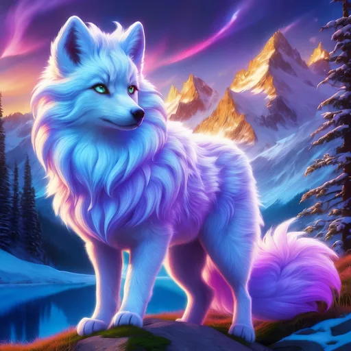 Prompt: {Alolan Vulpix}, Alaskan wolf, ice element, detailed artwork, epic photograph, 64k, 3D, detailed background, beautiful auroras, lush cliffside, snowy mountain peaks, snowy silky lilac fur, brilliant night sky, gleaming hypnotic purple eyes, mischievous, pleasant, cinematic, vivid colors, glowing ice aura, thick billowing mane, intricately detailed fur, beautiful detailed eyes, golden ratio, perfect proportions, vibrant, hyper detailed, complementary colors, UHD, beautiful detailed background, intricate detail, intricate facial detail, highly detailed background, realistic fur, photorealistic fur