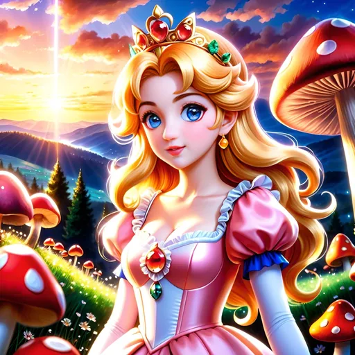 Prompt: (best quality:1.5), (high quality:1.5), (masterpiece:1.5), stunning beautiful 2D anime portrait of Princess Peach with (sparkling dress) and (sparkling eyes:2, dazzling eyes, wind element, gorgeous anime portrait, magic dust, beautiful 8k eyes, vast mushroom forest, mushroom field, fantasy, magical, layers of incredibly detailed mushrooms, wild, close up with sparkling eyes in sharp focus, magical, ethereal, enchanted, highly detailed face, fine anime painting, stunning, beautiful, majestic, {coils of long curly silky hair on forehead}, gorgeous, gazing at viewer, beaming eyes, curious eyes, sunrise, perfect reflection, shimmering, beautifully defined legs, beautiful detailed defined shading, french curves, professional shading, sharply focused clouds, highly detailed jagged mountain vista, brilliant sunrise sky, (horizontal background), 64k, hyper detailed, expressive, beautiful, {golden ratio}, symmetric, precise, perfect proportions, vibrant, standing majestically on a mountain, hyper detailed, complementary colors, UHD, HDR, top quality artwork, beautiful detailed background, unreal 5, artstaion, deviantart, instagram, professional, 16k