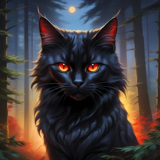 Prompt: warrior cat with jet black fur and scarlet eyes, tom cat, young apprentice, epic anime portrait, beautiful 8k eyes, fine oil painting, intense, wearing shiny bracelet, low angle view, zoomed out view of character,  (unsheathed claws), visible claws, 64k, hyper detailed, expressive, intense, heroic, friendly, aggressive yet compassionate, brawny, thick billowing mane, glistening black fur, prowling through a twilight forest, golden ratio, precise, perfect proportions, vibrant, hyper detailed, complementary colors, UHD, HDR, top quality artwork, beautiful detailed background, unreal 5, artstaion, deviantart, instagram, professional, masterpiece