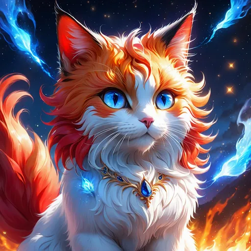 Prompt: hero cat with {snow white fur} and {sapphire blue eyes}, senior female cat, fire element, flame, Erin Hunter, gorgeous anime portrait, beautiful cartoon, 2d cartoon, beautiful 8k eyes, elegant {red fur}, glossy sheen fur, pronounced scar on chest, fine oil painting, modest, gazing at viewer, beaming red eyes, glistening red fur, low angle view, zoomed out view of character, 64k, hyper detailed, expressive, timid, graceful, beautiful, expansive silky mane, deep starry sky, golden ratio, precise, perfect proportions, vibrant, standing majestically on a tall crystal stone, hyper detailed, complementary colors, UHD, HDR, top quality artwork, beautiful detailed background, unreal 5, artstaion, deviantart, instagram, professional, masterpiece