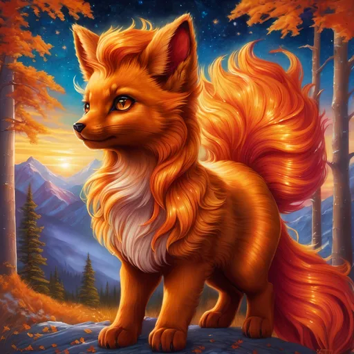 Prompt: {Vulpix}, gleaming hypnotic {garnet brown eyes}, flame, fire element, feral, frost, detailed artwork, beautiful oil painting, 64k, detailed background, aspen leaves, deep starry sky, lush cliffside, brilliant sunrise sky, big golden ears, big beautiful 8k eyes, mischievous, vivid colors, thick fluffy fur, glowing fiery aura, fire princess, bashful rosy cheeks, timid, bright rosy cheeks, thick billowing mane, intricately detailed fur, beautiful detailed eyes, , by Anne Stokes, golden ratio, perfect proportions, vibrant, hyper detailed, complementary colors, UHD, beautiful detailed background