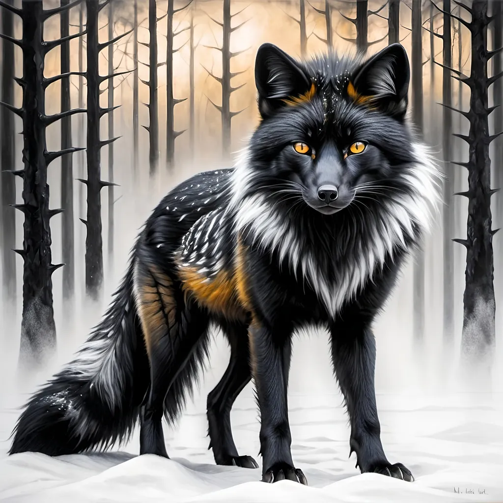 Prompt: painting of a large male black fox warrior with 8 tails, jet black and white fur, brilliant and beautiful 8k amber eyes, charcoal fur, charcoal drawing, oil painting, Fire and ice