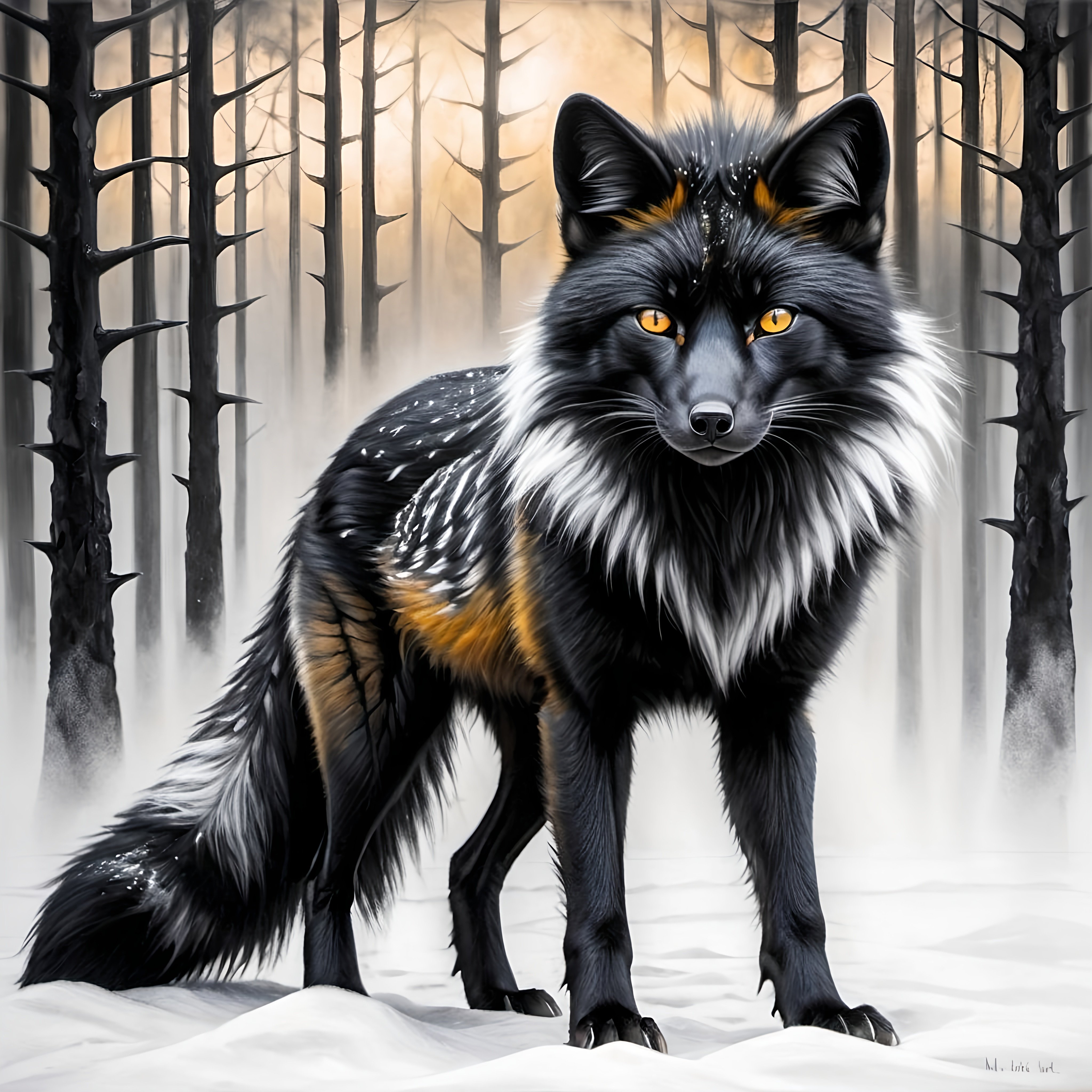 painting of a large male black fox warrior with 8 ta