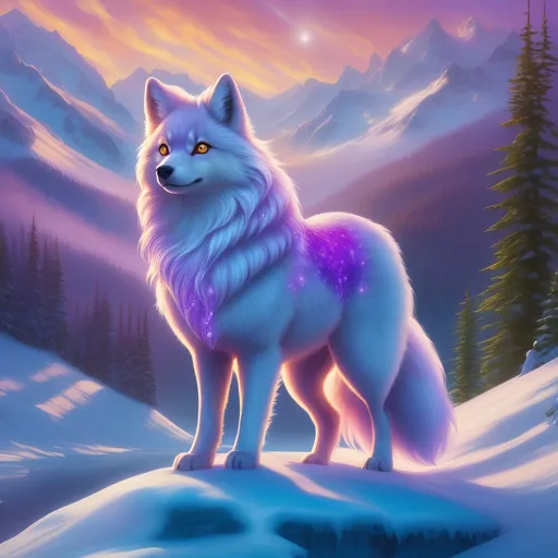 Prompt: {Alolan Vulpix}, Alaskan wolf, ice element, detailed artwork, epic photograph, 64k, 3D, detailed background, beautiful auroras, lush cliffside, snowy mountain peaks, snowy silky lilac fur, brilliant night sky, gleaming hypnotic purple eyes, mischievous, pleasant, cinematic, vivid colors, glowing ice aura, thick billowing mane, intricately detailed fur, beautiful detailed eyes, golden ratio, perfect proportions, vibrant, hyper detailed, complementary colors, UHD, beautiful detailed background, intricate detail, intricate facial detail, highly detailed background, realistic fur, photorealistic fur