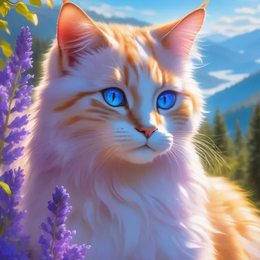 Prompt: warrior cat with {lavender fur} and {crystal blue eyes}, young she-cat, Erin Hunter, gorgeous anime portrait, beautiful cartoon, 2d cartoon, beautiful 8k eyes, elegant {colorful lavender fur}, fine oil painting, modest, gazing at viewer, worm's eye view, frosted flowers, zoomed out view of character, wears a bracelet, 64k, hyper detailed, expressive, timid, graceful, beautiful, expansive silky mane, golden ratio, precise, perfect proportions, vibrant, tanning by a sun-bathed river, hyper detailed, complementary colors, UHD, HDR, top quality artwork, beautiful detailed background, unreal 5, artstaion, deviantart, instagram, professional, masterpiece