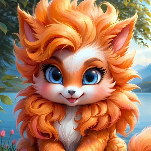 Prompt: insanely beautiful Vulpix, hyper detailed, 8k, furry and fluffy, feral, fiery colors, vibrant colors, detailed face, blush, rosy cheeks, cute, smiling, realistic {golden-orange fur}, close up, dreamy, timid, shy, masterpiece, detailed color pencil, cartoon, Anne Stokes, Erin Hunter, Chris Aki, epic fantasy art, beautiful 8k eyes, golden ratio, complementary colors, anime portrait, beautiful detailed fantasy lakeside, brilliant sunrise