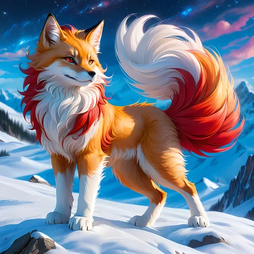 Prompt: warrior (fox) with {bright red fur} and {ruby red eyes}, feral fox, kitsune, nine-tailed fox, gorgeous anime portrait, beautiful cartoon, beautiful 8k eyes, elegant {red fur}, four-legged, quadruped, pronounced scar on chest, oil painting, modest, gazing at viewer, fiery red eyes, glistening golden hair, furry golden paws, low angle view, 64k, hyper detailed, expressive, graceful, beautiful, small lithe cat, expansive silky golden mane, shining fur, deep starry sky, UHD background, golden ratio, precise, perfect proportions, vibrant colors, standing majestically on a tall crystal stone, hyper detailed, complementary colors, UHD, HDR, top quality art, beautiful detailed background, unreal 5, artstaion, deviantart, instagram, professional, masterpiece