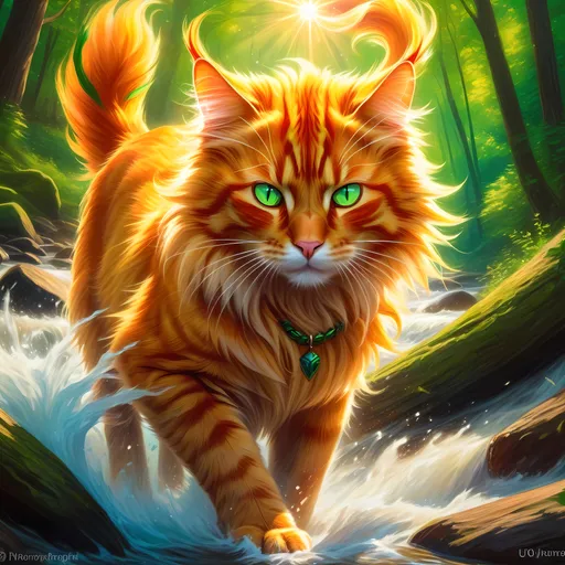 Prompt: warrior cat with {fiery orange fur} and bright {green eyes}, young male fire cat, epic anime portrait, beautiful 8k eyes, fine oil painting, intense, lunging at viewer, wearing shiny bracelet, solid red belly, lush fantasy forest, zoomed out view of character,  (unsheathed claws), visible claws, 64k, hyper detailed, expressive, intense, hissing cat, aggressive, intelligent, lithe, small, covered in scratches and scars, thick billowing mane, glistening golden fur, golden ratio, precise, perfect proportions, vibrant, prowling by a sun-bathed river, hyper detailed, dynamic, complementary colors, UHD, HDR, top quality artwork, beautiful detailed background, unreal 5, artstaion, deviantart, instagram, professional, masterpiece