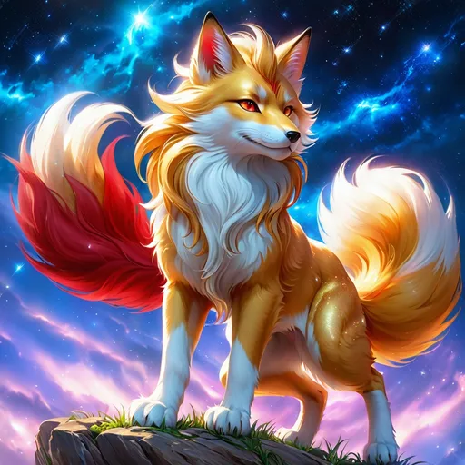 Prompt: warrior (fox) with {bright scarlet fur} and {ruby red eyes}, feral fox, kitsune, nine-tailed fox, gorgeous anime portrait, beautiful cartoon, beautiful 8k eyes, elegant {red fur}, four-legged, quadruped, pronounced scar on chest, oil painting, modest, gazing at viewer, fiery red eyes, glistening golden hair, furry golden paws, low angle view, 64k, hyper detailed, expressive, graceful, beautiful, small lithe cat, expansive silky golden mane, shining fur, deep starry sky, UHD background, golden ratio, precise, perfect proportions, vibrant colors, standing majestically on a tall crystal stone, hyper detailed, complementary colors, UHD, HDR, top quality art, beautiful detailed background, unreal 5, artstaion, deviantart, instagram, professional, masterpiece