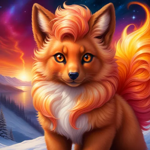 Prompt: {Vulpix}, gleaming hypnotic {amber eyes}, flame, fire element, feral, frost, detailed artwork, beautiful oil painting, 64k, detailed background, lakeside, deep starry sky, lush cliffside, brilliant sunrise sky, big black ears, beautiful {black muzzle}, luxurious {crimson pelt}, big beautiful 8k eyes, mischievous, vivid colors, thick fluffy fur, glowing fiery aura, fire princess, bashful rosy cheeks, timid, bright rosy cheeks, thick billowing mane, intricately detailed fur, beautiful detailed eyes, , by Anne Stokes, golden ratio, perfect proportions, vibrant, hyper detailed, complementary colors, UHD, beautiful detailed background