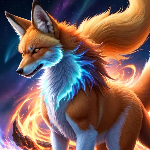 Prompt: {alolan Ninetales}, growling, fox, maned wolf, kitsune, fire element, detailed artwork, portrait, glistening ice blue fur, 8k, detailed background, auroras, brilliant night sky, mischievous, thick billowing mane, hyper realism, realistic, hyper realistic