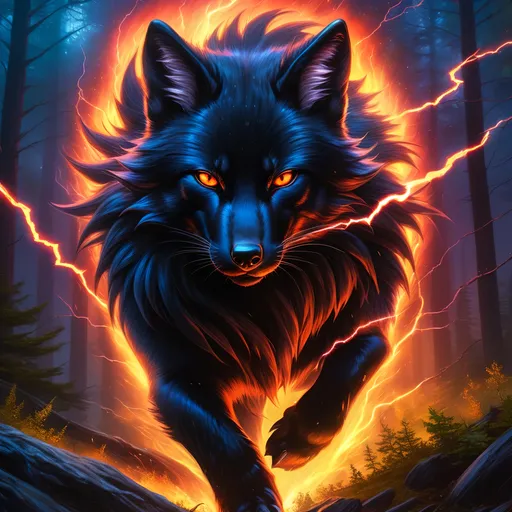 Prompt: young warrior black fox with (solid jet black fur) and scarlet eyes, feral, epic anime portrait, lightning element, crackling lightning, beautiful 8k eyes, fine oil painting, intense, wearing shiny bracelet, low angle view, soft HD fur, (unsheathed claws), visible claws, 64k, hyper detailed, expressive, intense, heroic, friendly, compassionate, brawny, thick billowing mane, fiery colors, psychedelic colors, lightning charged atmosphere, colorful stones, glistening black fur, prowling through a twilight forest,  golden ratio, precise, perfect proportions, vibrant, prowling by a sun-bathed river, hyper detailed, complementary colors, UHD, HDR, top quality artwork, beautiful detailed background, unreal 5, artstaion, deviantart, instagram, professional, masterpiece