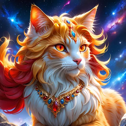 Prompt: clawmaster (cat) with {red fur} and {ruby red eyes}, feral cat, Erin Hunter, gorgeous anime portrait, beautiful cartoon, beautiful 8k eyes, elegant {red fur}, pronounced scar on chest, fire element, flame, fine oil painting, modest, gazing at viewer, fiery red eyes, glistening golden hair, low angle view, zoomed out view of character, 64k, hyper detailed, expressive, timid, graceful, beautiful, expansive silky mane, deep starry sky, UHD background, golden ratio, precise, perfect proportions, vibrant colors, standing majestically on a tall crystal stone, hyper detailed, complementary colors, UHD, HDR, top quality art, beautiful detailed background, unreal 5, artstaion, deviantart, instagram, professional, masterpiece