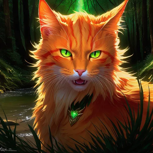 Prompt: warrior cat with {fiery orange fur} and bright {green eyes}, young male fire cat, epic anime portrait, beautiful 8k eyes, fine oil painting, intense, lunging at viewer, wearing shiny bracelet, solid red belly, lush fantasy forest, zoomed out view of character,  (unsheathed claws), visible claws, 64k, hyper detailed, expressive, intense, hissing cat, aggressive, intelligent, lithe, small, covered in scratches and scars, thick billowing mane, glistening golden fur, golden ratio, precise, perfect proportions, vibrant, prowling by a sun-bathed river, hyper detailed, dynamic, complementary colors, UHD, HDR, top quality artwork, beautiful detailed background, unreal 5, artstaion, deviantart, instagram, professional, masterpiece